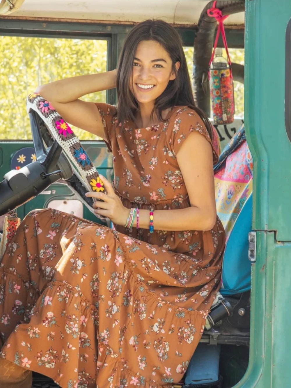 NATURAL LIFE M Brown Floral Maxi Dress with Pink Blossoms